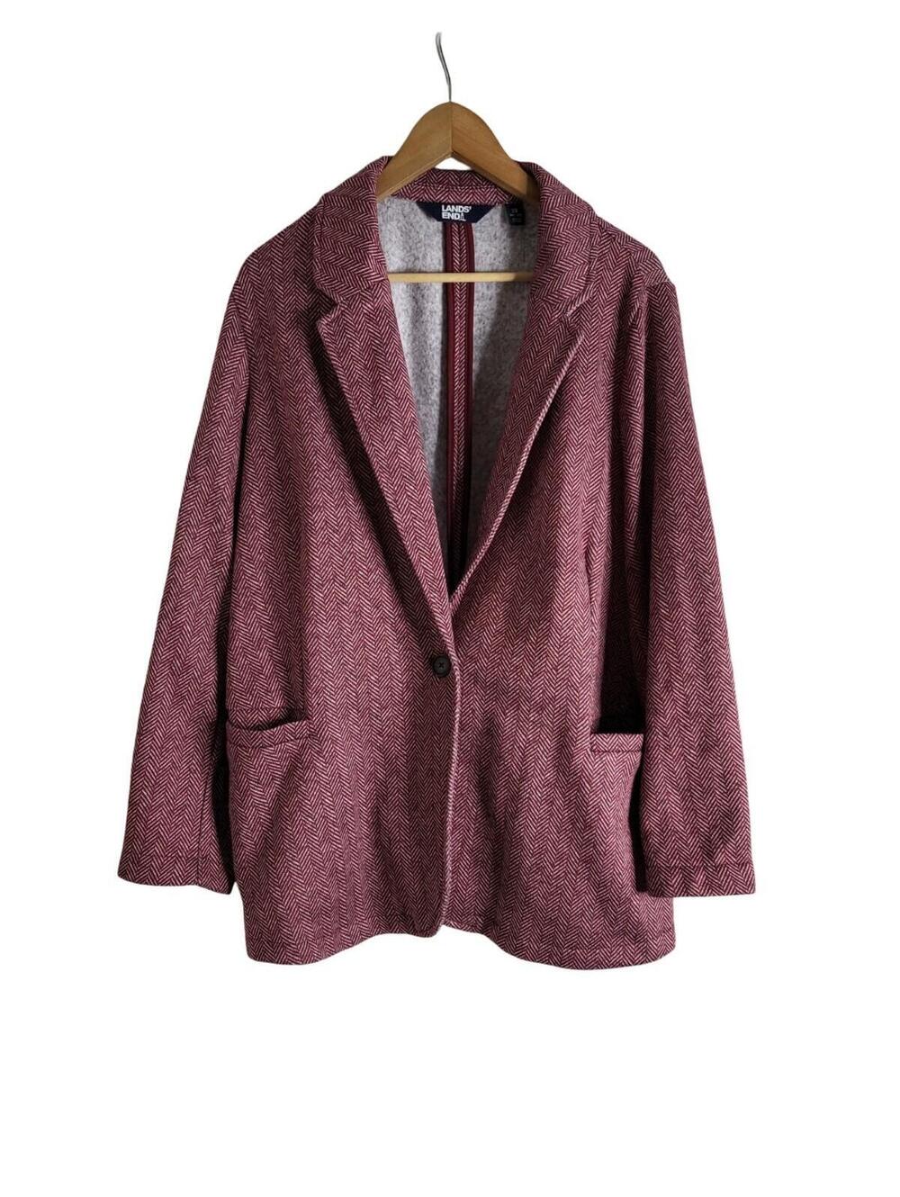 Lands End Preppy Herringbone Fleece Blazer Burgundy And White Pattern Size 2X